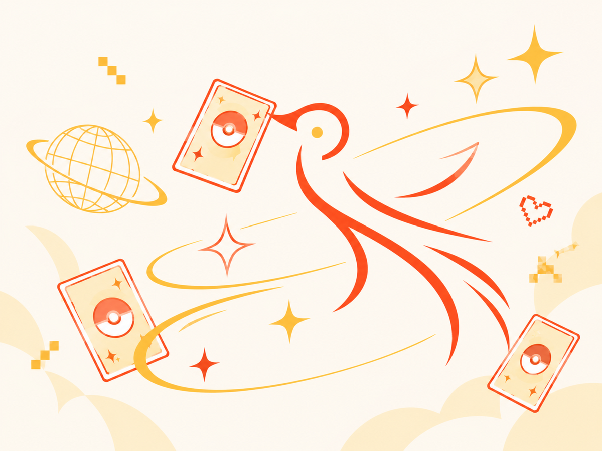 A stylized graphic illustration featuring a red bird silhouette with flowing lines, three cards with Pokéball logos, stars, a globe, and abstract curved accents on a warm cream background.